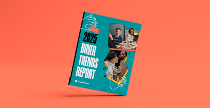 Cover of the diner trends report with images of people dining at a restaurant on a bold red background.